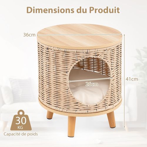 Maison Pour Chat En Rotin Avec Coussin Amovible, Pieds En Bois De Caoutchouc, 36 X 36 X 41 Cm