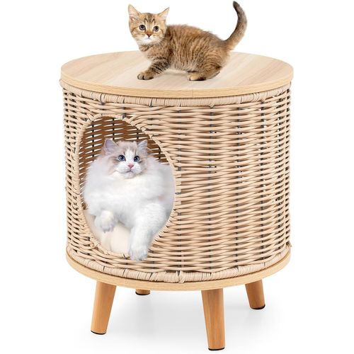 Maison Pour Chat En Rotin Avec Coussin Amovible, Pieds En Bois De Caoutchouc, 36 X 36 X 41 Cm