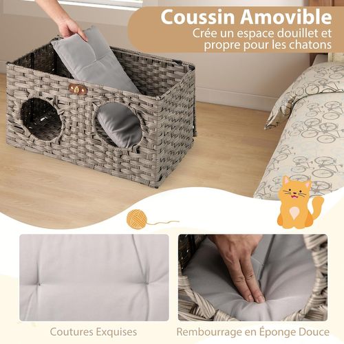 Niche Chat Pliable En Rotin Pe, Interieur, Coussin Amovible, 2 Entrée, 60 X 35 X 35 Cm