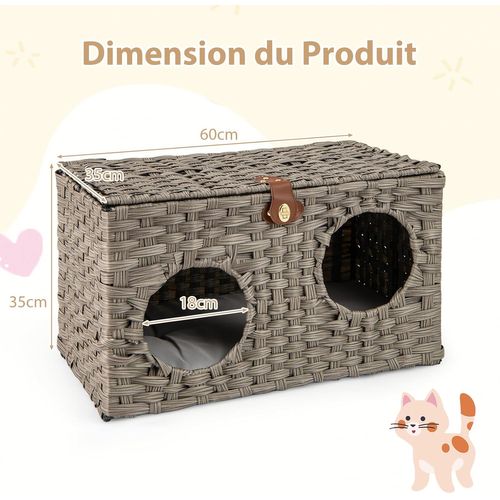 Niche Chat Pliable En Rotin Pe, Interieur, Coussin Amovible, 2 Entrée, 60 X 35 X 35 Cm