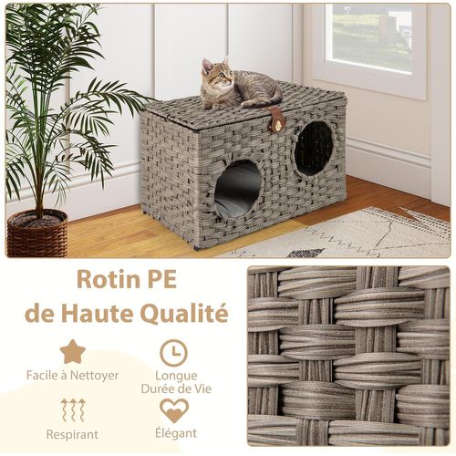 Niche Chat Pliable En Rotin Pe, Interieur, Coussin Amovible, 2 Entrée, 60 X 35 X 35 Cm