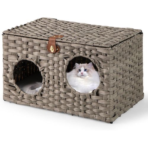 Niche Chat Pliable En Rotin Pe, Interieur, Coussin Amovible, 2 Entrée, 60 X 35 X 35 Cm
