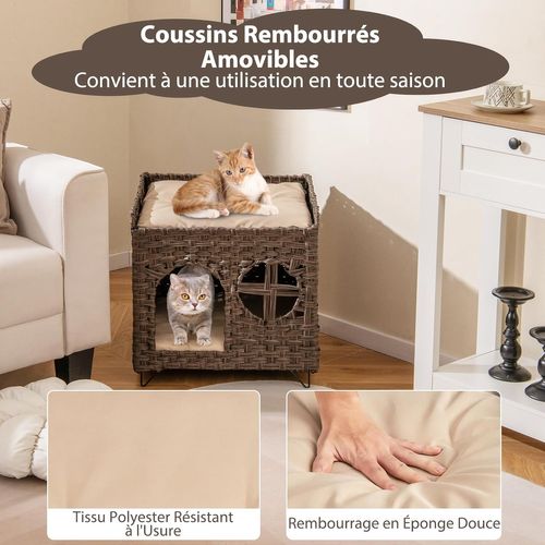 Niche Chat Pliable En Rotin Pe, 2 Coussins Amovible, Pieds En Métal, 50,5 Cm X 45 Cm X 50 Cm