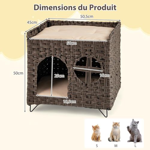 Niche Chat Pliable En Rotin Pe, 2 Coussins Amovible, Pieds En Métal, 50,5 Cm X 45 Cm X 50 Cm