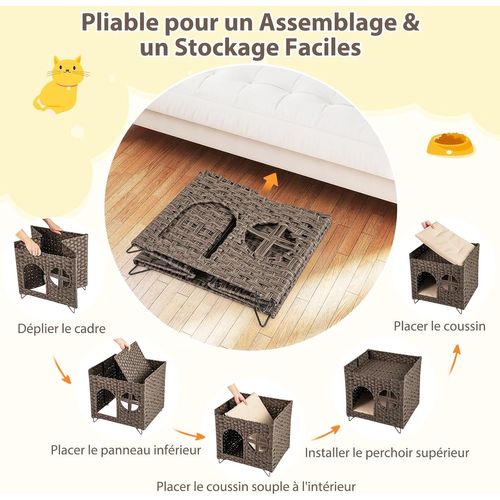 Niche Chat Pliable En Rotin Pe, 2 Coussins Amovible, Pieds En Métal, 50,5 Cm X 45 Cm X 50 Cm