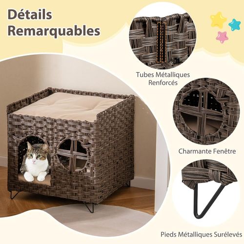 Niche Chat Pliable En Rotin Pe, 2 Coussins Amovible, Pieds En Métal, 50,5 Cm X 45 Cm X 50 Cm
