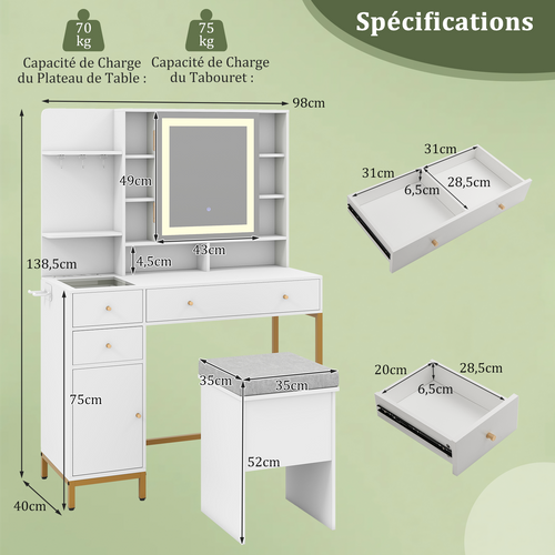 Coiffeuse Avec Miroir Et Tabouret, Coiffeuse Avec Rangement, Lumières LED 3 Couleurs, Blanc