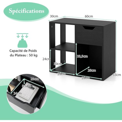 Bibliothèque à 3 Cubes Avec Tiroir, Meuble De Rangement à 2 Niveaux,30 X 60 X 53 Cm (noir)