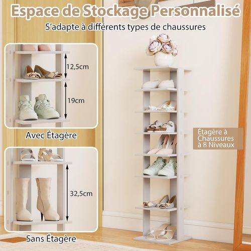 Étagère à Chaussures En Bois à 7 Niveaux, Porte-chaussures 25,5 X 28,5 X 110 Cm, Gris