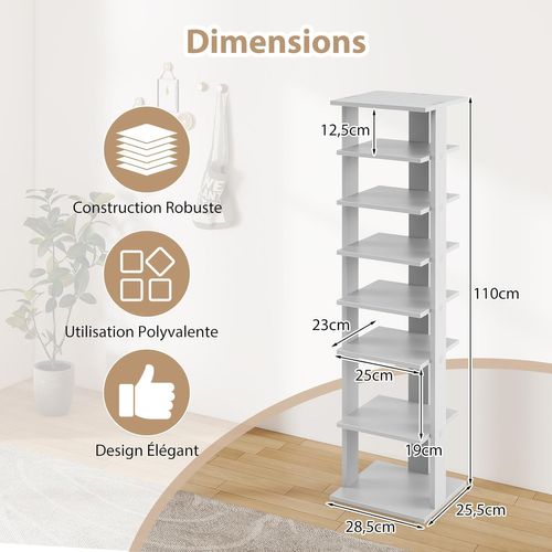 Étagère à Chaussures En Bois à 7 Niveaux, Porte-chaussures 25,5 X 28,5 X 110 Cm, Gris