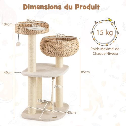 Arbre à Chat XXL 104 Cm, Arbre à Chat Bois, 3 Poteaux à Griffer En Sisal (104 Cm,beige)