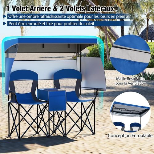 Chaise Pliante Camping 2 Places, Baldaquin Réglable, Sac Isotherme, Poches (bleu Forcé)
