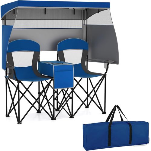 Chaise Pliante Camping 2 Places, Baldaquin Réglable, Sac Isotherme, Poches (bleu Forcé)