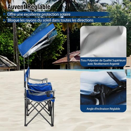 Chaise Pliante Camping 2 Places, Baldaquin Réglable, Sac Isotherme, Poches (bleu Forcé)