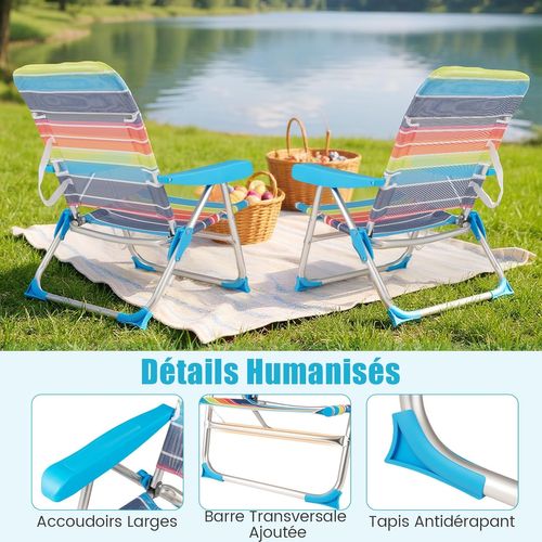 Lot De 2 Chaise De Plage Pliable, Inclinables Sur Positions (64 Cm X 64 Cm X 83 Cm)