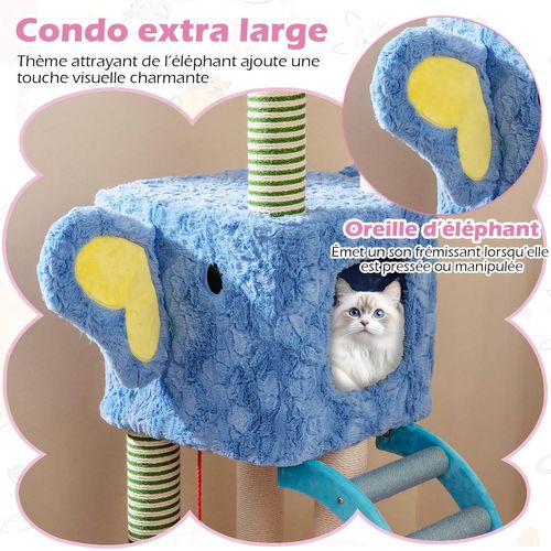 Arbre à Chat XXL 154 Cm, Arbre à Chat Design Sur Le Thème Des Éléphants, 2 Condos, 3 Plateformes
