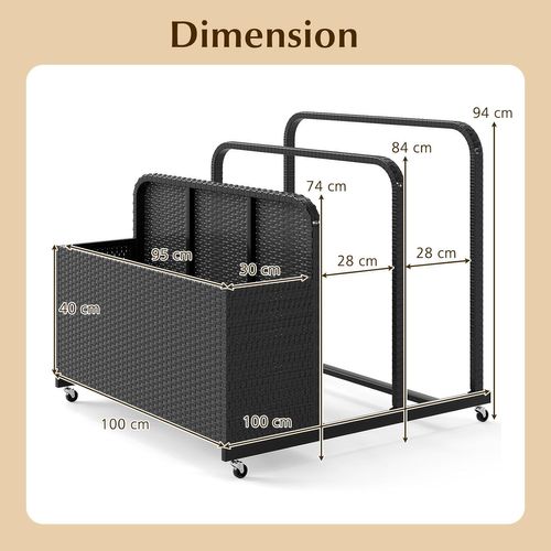 Coffre Piscine Exterieur En Rotin Pe, Chariot à Roulettes Avec 4 Roues, 100 X 100 X 94 Cm (noir)