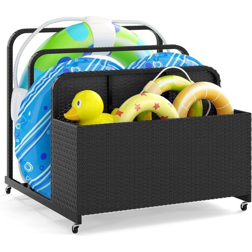 Coffre Piscine Exterieur En Rotin Pe, Chariot à Roulettes Avec 4 Roues, 100 X 100 X 94 Cm (noir)