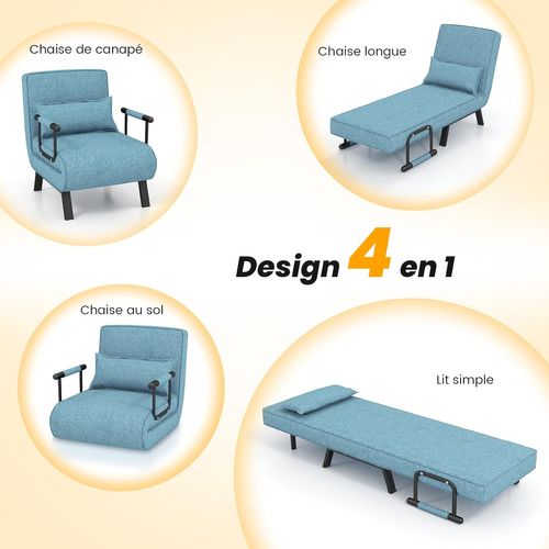 Fauteuil Convertible 1 Place, Fauteuil-lit Chauffeuse 4-en-1 Dossier Réglable 6 Position(bleu-vert)