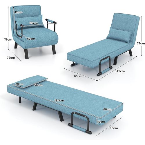 Fauteuil Convertible 1 Place, Fauteuil-lit Chauffeuse 4-en-1 Dossier Réglable 6 Position(bleu-vert)