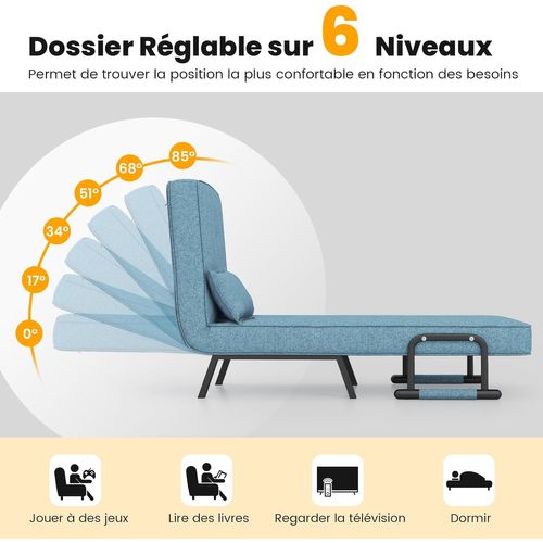 Fauteuil Convertible 1 Place, Fauteuil-lit Chauffeuse 4-en-1 Dossier Réglable 6 Position(bleu-vert)