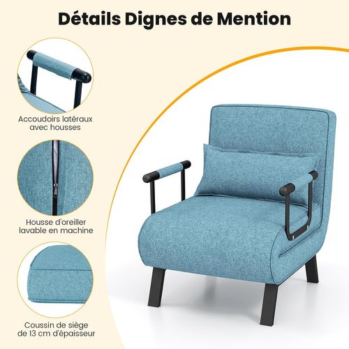 Fauteuil Convertible 1 Place, Fauteuil-lit Chauffeuse 4-en-1 Dossier Réglable 6 Position(bleu-vert)