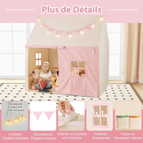 Tente De Jeux Enfant Avec Guirlandes Lumineuses et Tapis Lavable, 125x100x127cm (rose)