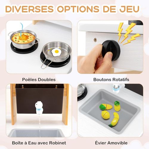 Cuisine Enfant Double Face Avec Réservoir à Eau et Evier Amovible, Auvent, 58x56x87cm (naturel)