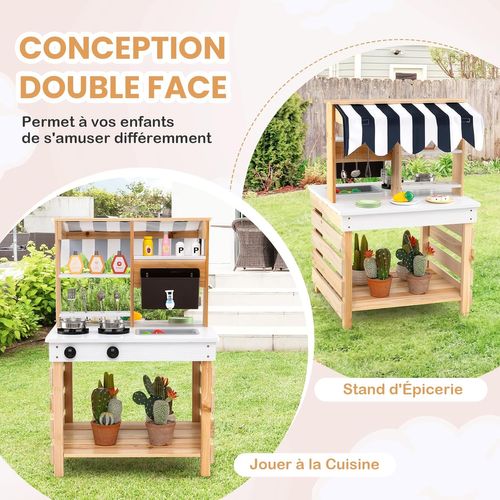 Cuisine Enfant Double Face Avec Réservoir à Eau et Evier Amovible, Auvent, 58x56x87cm (naturel)