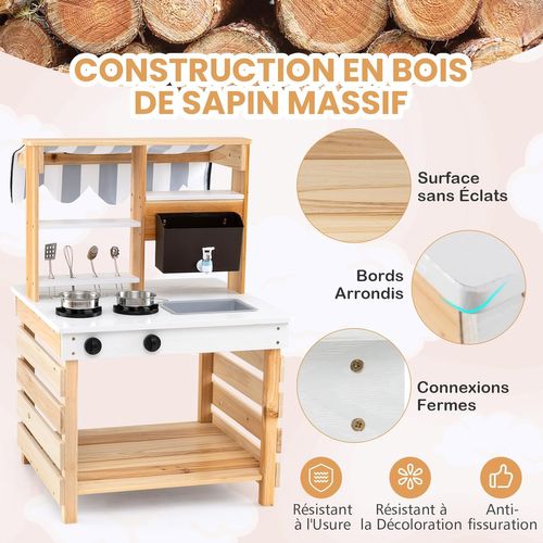 Cuisine Enfant Double Face Avec Réservoir à Eau et Evier Amovible, Auvent, 58x56x87cm (naturel)