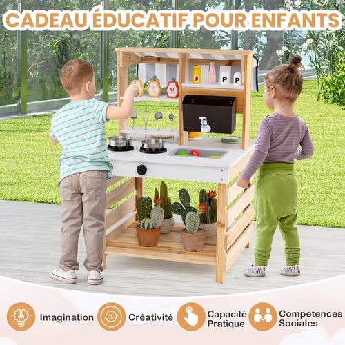Cuisine Enfant Double Face Avec Réservoir à Eau et Evier Amovible, Auvent, 58x56x87cm (naturel)