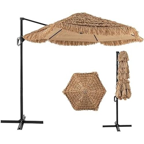 Parasol Déporté Hexagonale, Parasol Chaume De Jardin Exterieur Avec Manivelle