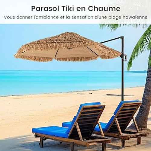 Parasol Déporté Hexagonale, Parasol Chaume De Jardin Exterieur Avec Manivelle