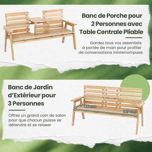 Banc De Jardin En Bois Massif, Table Pliable, Siège à Lattes, 160 X 64 X 86 Cm (naturel)