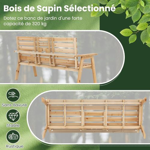 Banc De Jardin En Bois Massif, Table Pliable, Siège à Lattes, 160 X 64 X 86 Cm (naturel)