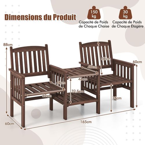 Ensemble De Meubles De Patio 2 Places En Bois De Sapin, Salon De Jardin Avec 2 Chaises (marron)