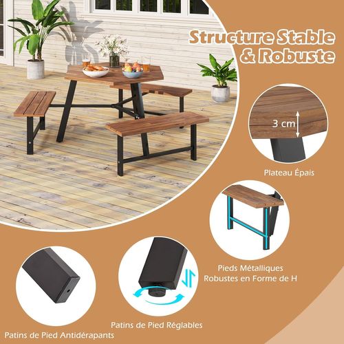 Ensemble Table De Pique-nique Pour 6 Personnes, Table à Manger 3 Bancs Intégrés