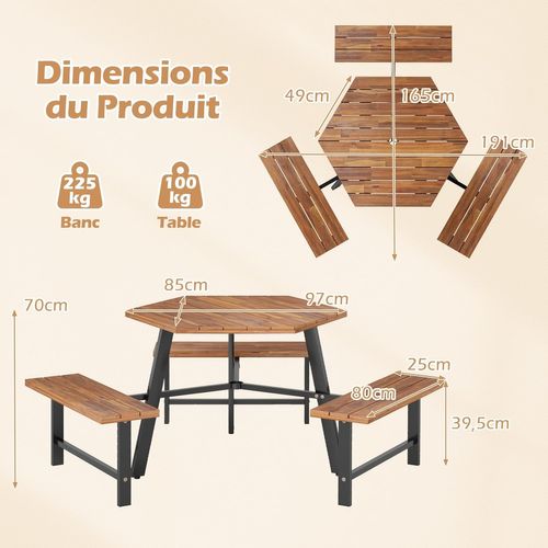 Ensemble Table De Pique-nique Pour 6 Personnes, Table à Manger 3 Bancs Intégrés