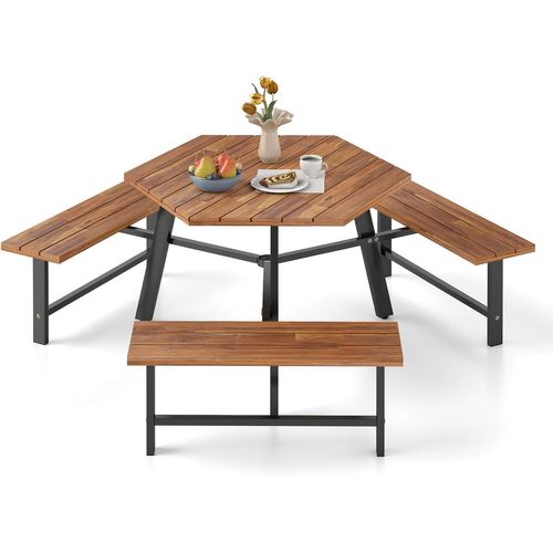 Ensemble Table De Pique-nique Pour 6 Personnes, Table à Manger 3 Bancs Intégrés