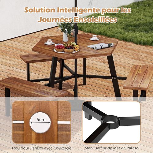Ensemble Table De Pique-nique Pour 6 Personnes, Table à Manger 3 Bancs Intégrés
