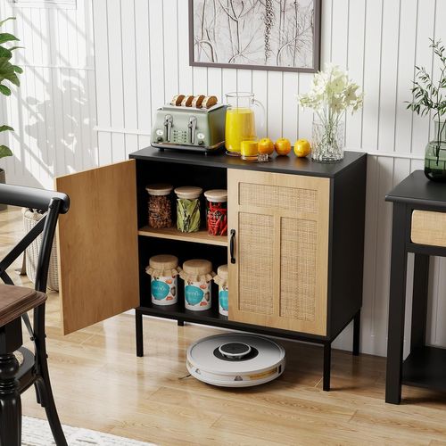 Buffet Cuisine Rotin, Meuble Cannage Bohème Avec Portes En Rotin Tressé, Étagère Réglable(noir)