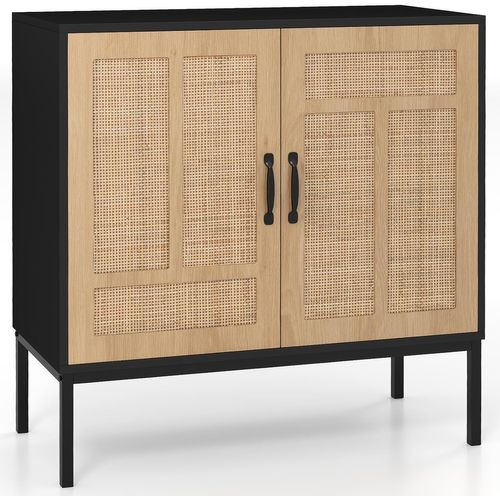 Buffet Cuisine Rotin, Meuble Cannage Bohème Avec Portes En Rotin Tressé, Étagère Réglable(noir)