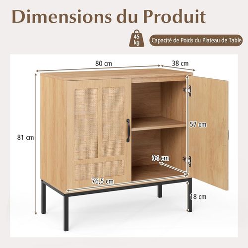 Buffet Cuisine Rotin, Meuble Cannage Bohème Avec Portes En Rotin Tressé, Étagère Réglable(naturel)