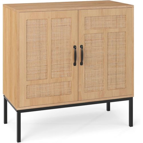 Buffet Cuisine Rotin, Meuble Cannage Bohème Avec Portes En Rotin Tressé, Étagère Réglable(naturel)