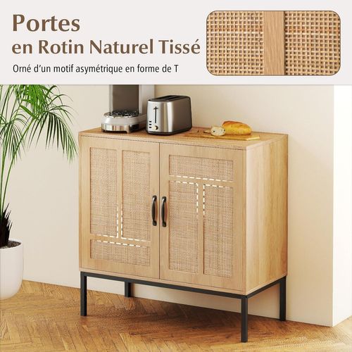 Buffet Cuisine Rotin, Meuble Cannage Bohème Avec Portes En Rotin Tressé, Étagère Réglable(naturel)