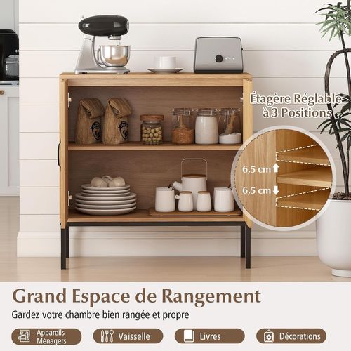 Buffet Cuisine Rotin, Meuble Cannage Bohème Avec Portes En Rotin Tressé, Étagère Réglable(naturel)