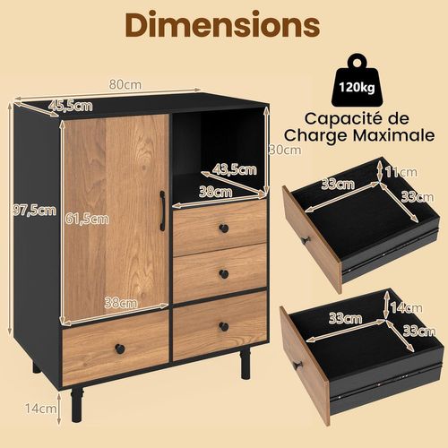Buffet Bas Cuisine, Meuble Cuisine Rangement Avec 4 Tiroirs, Placard à Porte, Compartiment Ouvert