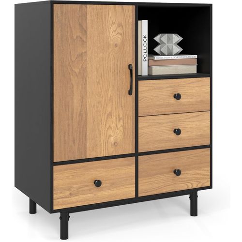 Buffet Bas Cuisine, Meuble Cuisine Rangement Avec 4 Tiroirs, Placard à Porte, Compartiment Ouvert