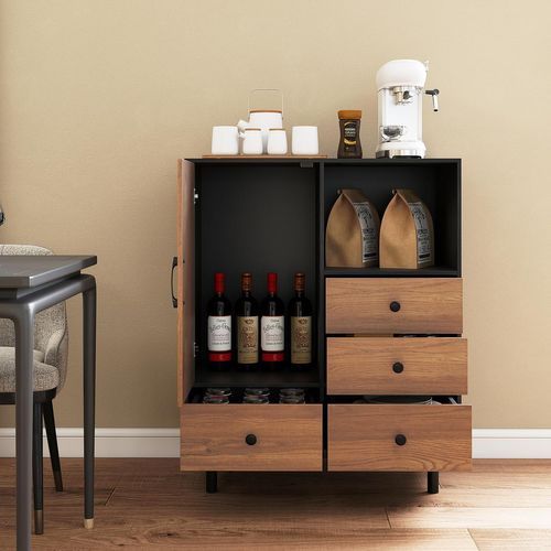 Buffet Bas Cuisine, Meuble Cuisine Rangement Avec 4 Tiroirs, Placard à Porte, Compartiment Ouvert