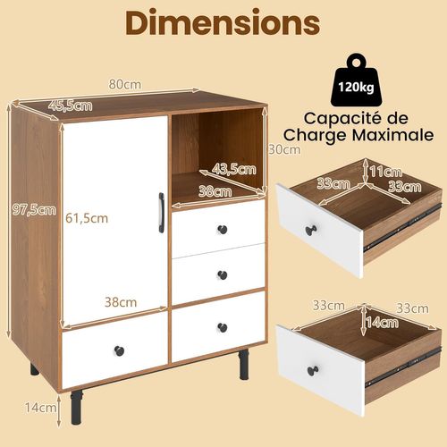 Buffet Bas Cuisine, Meuble Cuisine Rangement Avec 4 Tiroirs, Placard à Porte, Compartiment Ouvert